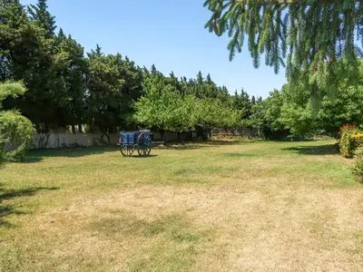 a blue horse drawn carriage in a field at Holiday Home Mas de la Gourmette by Interhome in Châteaurenard