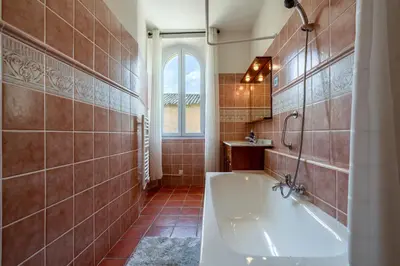 a bathroom with a bath tub and a sink at Mas Côté Cour in Maubec
