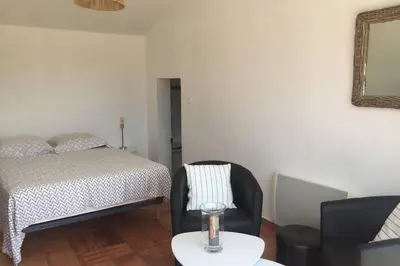 a bedroom with a bed and a chair and a table at Cabanon de charme en plein coeur des vignes in Pertuis