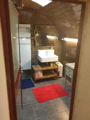 a bathroom with a sink and a red rug at la villageoise, chambre troglodyte pitoresque au cœur du village in Rognes