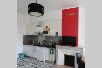 a kitchen with a fireplace and a red wall at Villa Zola in Aix-en-Provence