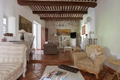 a living room with a couch and chairs and a fireplace at La Marisol in LʼIsle-sur-la-Sorgue