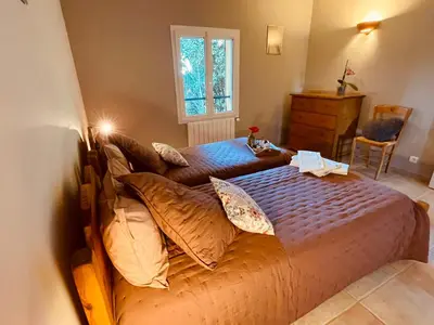 a bedroom with a large bed with pillows at Gîte Les Vignes in Carpentras