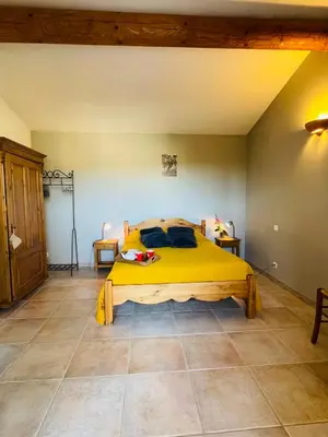 a bedroom with a yellow bed in a room at Gîte Les Vignes in Carpentras