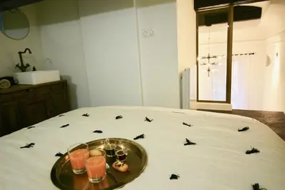 a bed with a tray with drinks and bats on it at Le Madeleine (duplex) in Aix-en-Provence