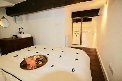 a bedroom with a bed with bats on it at Le Madeleine (duplex) in Aix-en-Provence