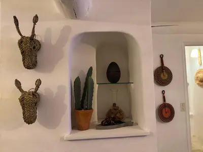 a wall with a shelf with a cactus and other items at VILLA BEL - Entre paradis et vignes in Ménerbes