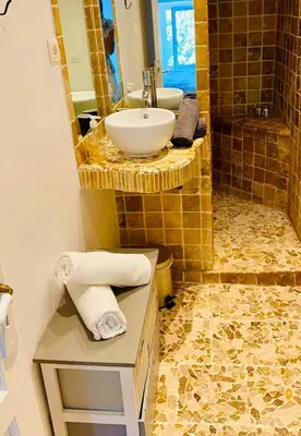 a bathroom with a sink and a toilet and a shower at VILLA BEL - Entre paradis et vignes in Ménerbes