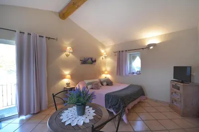 a bedroom with a bed and a table with a tv at Chambres d'hôtes Le Vignoble in Cucuron