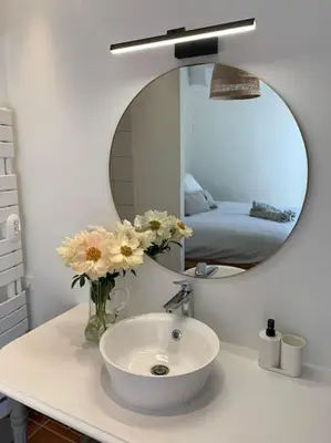 a bathroom with a sink and a mirror and flowers at Mas de la Pivoine in Le Puy-Sainte-Réparade