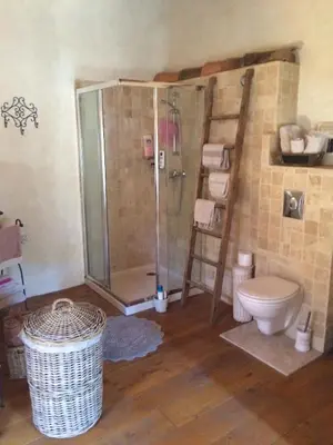 a bathroom with a shower and a toilet at La Charmeuse in Céreste