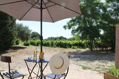 a table and chairs with an umbrella in a field at Les BRUNS in Saignon