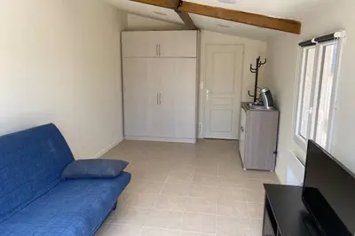 a living room with a blue couch and a tv at Loft 21 m² pouvant accueillir 4 personnes in Monteux