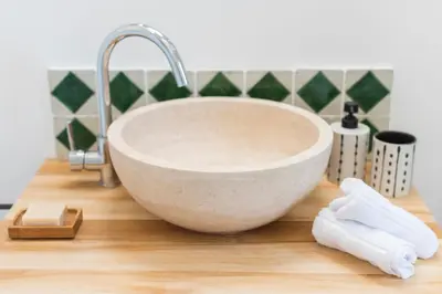 a white bowl sink on a counter in a bathroom at La Petite Ruche, 1 bedroom Gite in the Luberon in Apt