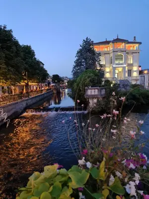 a river with flowers in front of a building at L'Isle Ô Jardin in LʼIsle-sur-la-Sorgue
