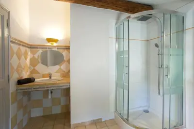 a bathroom with a glass shower and a sink at LA LEZARDIERE CHEZ HUGUES in Saint-Rémy-de-Provence