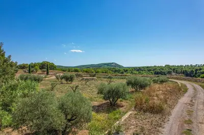 an aerial view of a dirt road in a field with trees at Le Pool House - Private Jacuzzi - Mas des Sous Bois in Ventabren