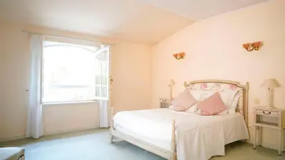 a bedroom with a white bed with pink pillows at Chambres dans le Luberon - Bois Romay in La Bastide-des-Jourdans