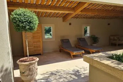 a patio with two chairs and a potted plant at Le Cabanon de Nans. Gîte de charme en Provence. in Grans