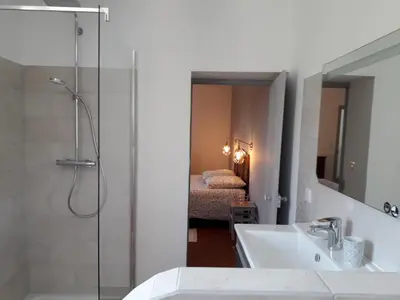 a bathroom with a shower and a sink and a mirror at MAISON BOURGUES in Lioux