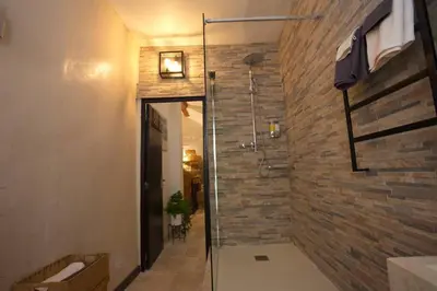 a bathroom with a shower and a brick wall at Les Secrets d'Alcôve, nuits Romantiques avec SPA in Aix-en-Provence