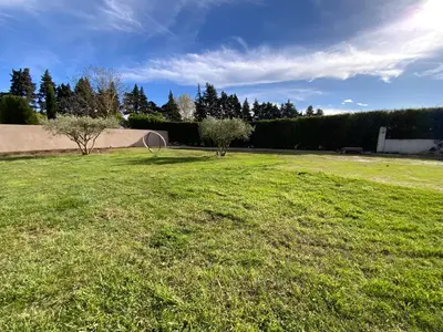 a grassy field with two trees and a skate park at Au petit bonheur in LʼIsle-sur-la-Sorgue