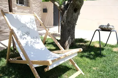 a chair sitting in the grass next to a tree at charming house with private pool in the heart of the village of aureille in the alpilles, 6 people. in Aureille
