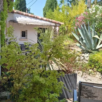 a garden with a house and a cactus at La Micocoule in La Barben