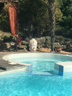 a swimming pool with a statue in the middle at Mas de la Butte Blanche in Orgon