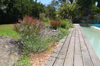 a wooden walkway next to a pool with flowers at Mas de la Butte Blanche in Orgon