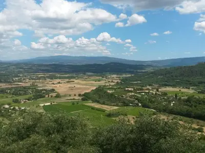an aerial view of a green field and mountains at Cottage in Luberon near Apt Market in Apt