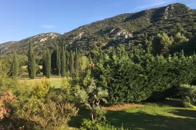 a garden with trees and mountains in the background at Villa de 300 m au coeur du Luberon au calme sans in Maubec