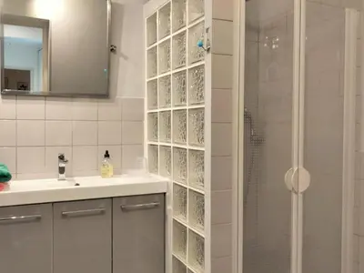 a bathroom with a shower and a sink at Les Platanes in LʼIsle-sur-la-Sorgue
