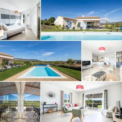 a collage of pictures of houses and a pool at Villa Piscine Chauffée & climatisation, 5min du village in Saint-Saturnin-les-Apt