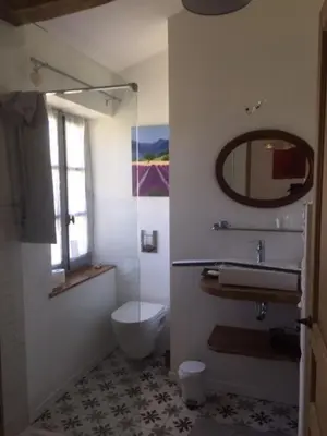 a bathroom with a toilet and a sink and a mirror at Gîte Coquelicots in Montsalier