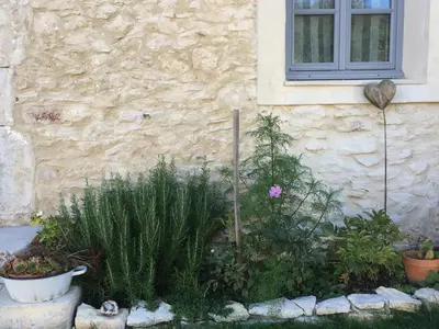a garden with plants in front of a stone building at Gîte Coquelicots in Montsalier