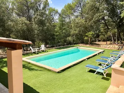 a swimming pool with lounge chairs and a lawn at Maisonnette dans le Luberon - Bois Romay in La Bastide-des-Jourdans