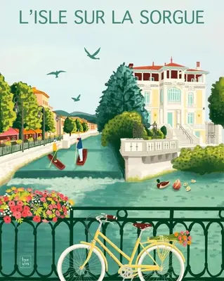 a bike parked on a fence with a painting of a house at Appartement Proche Quai Rouget in LʼIsle-sur-la-Sorgue
