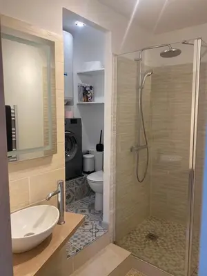 a bathroom with a shower and a sink and a toilet at La tour 2: Appart neuf au cœur de la petite venise in LʼIsle-sur-la-Sorgue