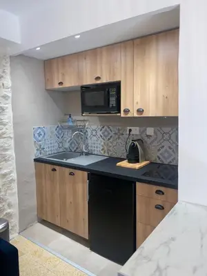a kitchen with a sink and a microwave at La tour 2: Appart neuf au cœur de la petite venise in LʼIsle-sur-la-Sorgue