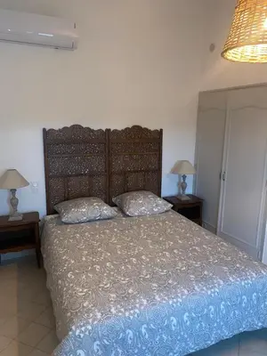 a bedroom with a large bed with two lamps on tables at La tour 3: Appart au cœur de la petite Venise in LʼIsle-sur-la-Sorgue