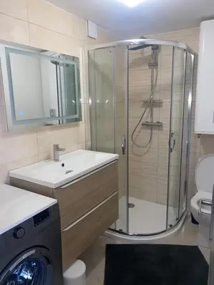 a bathroom with a shower and a sink and a toilet at La tour 3: Appart au cœur de la petite Venise in LʼIsle-sur-la-Sorgue