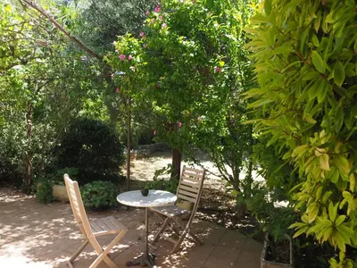a table and chairs in a yard with trees at Cozy Vacation House with Pool, Vernègues in Vernègues