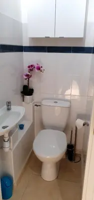 a white bathroom with a toilet and a sink at Maison calme et rénovée 