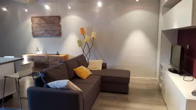 a living room with a couch and a television at appartement de charme dans le luberon in Lagnes