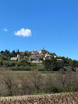 a village on top of a hill with a house at Pavillon Lou in Crillon-le-Brave