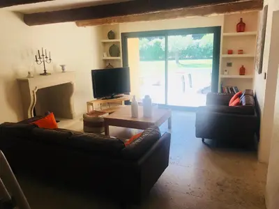 a living room with two leather couches and a tv at MAS DE CHARME EN PROVENCE in Le Thor