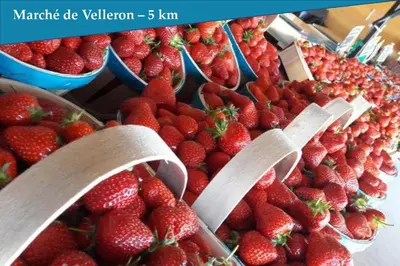 a display of strawberries in baskets at a market at Les Bastidons de L'Isle - Le Saint-Julien - 3 étoiles in LʼIsle-sur-la-Sorgue
