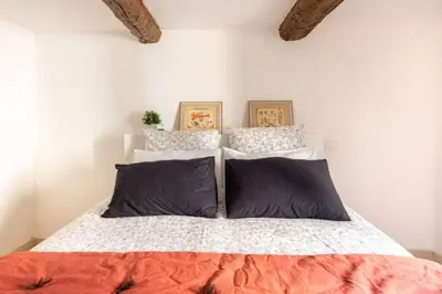 a bedroom with a bed with two pillows at Le marronnier 3: Superbe appart au coeur de la petite venise in LʼIsle-sur-la-Sorgue