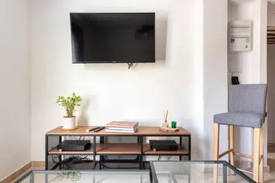a living room with a table and a television on a wall at Le marronnier 3: Superbe appart au coeur de la petite venise in LʼIsle-sur-la-Sorgue